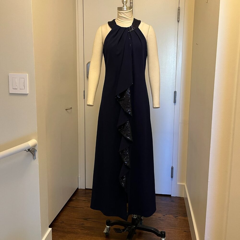 Halter Neckline Crepe Gown in Navy with Sequins